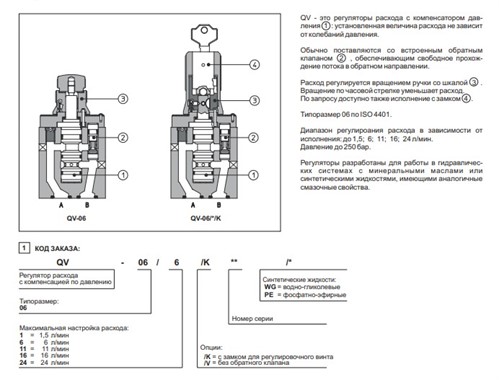 Регулятор расхода Atos QV-06/24, устройство, обозначение